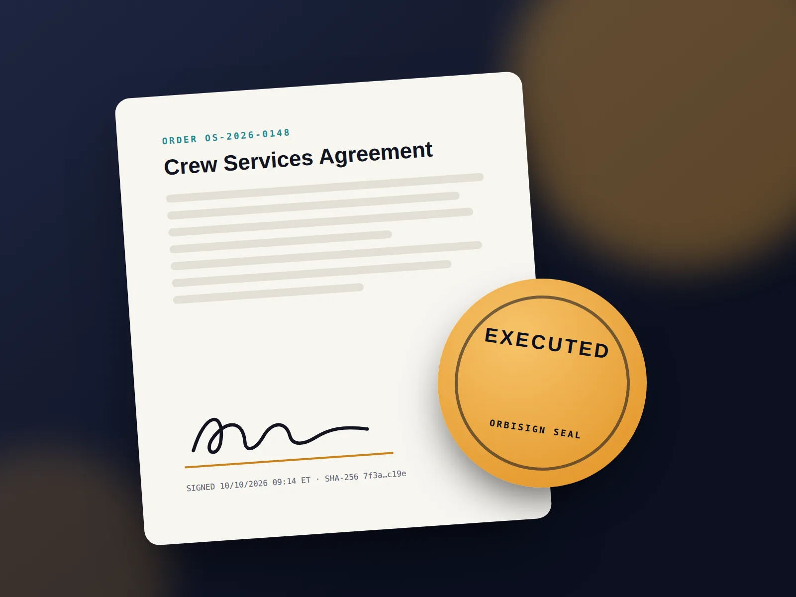 An executed crew services agreement with the Orbisign seal